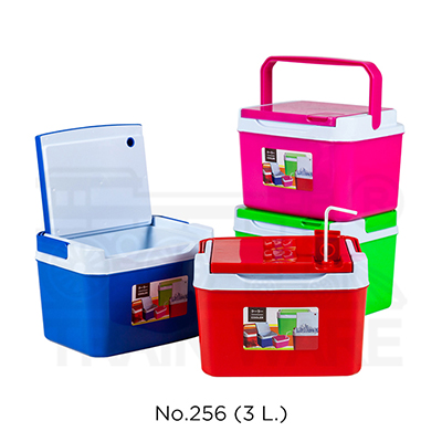 Wholesale 3L square insulated plastic coolers in red, blue, green, and pink, available in assorted colors at cheap bulk prices, featuring custom logo screen printing for premium promotional products in Thailand